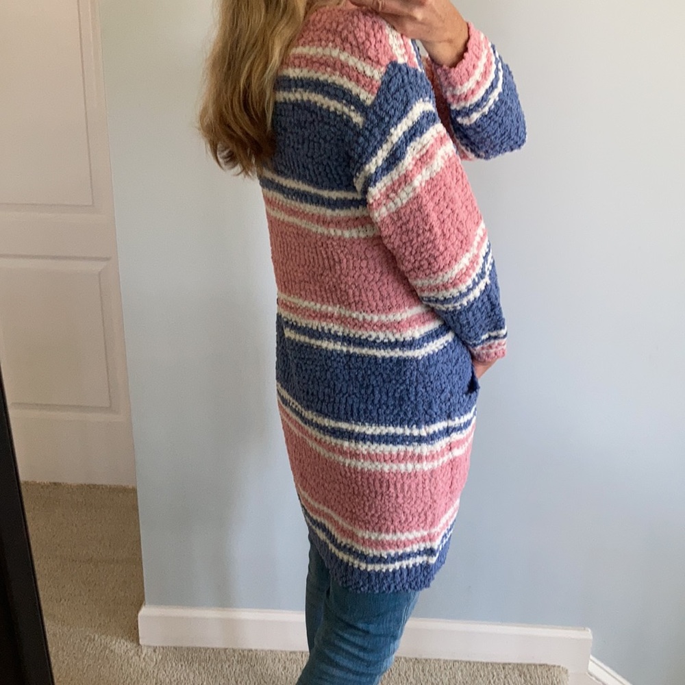 Pink, Blue & Off White Stripe Popcorn Texture Open Cardigan - Picture 6 of 10